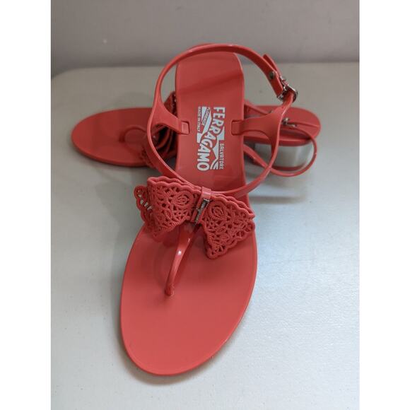 Salvatore Ferragamo Size 9 Perala Bow Strap Jelly Thong Sandals Coral - Picture 9 of 12